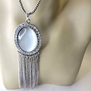 Silver Rhinestone Pendant Tassel Necklace